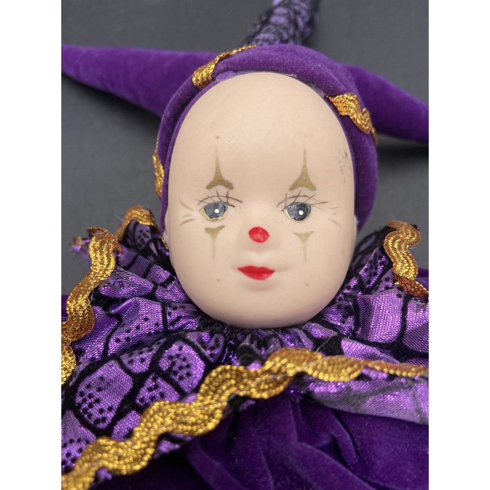 Vintage Plush JESTER Doll w/Porcelain Hands Face Purple Gold Hat Original 9"